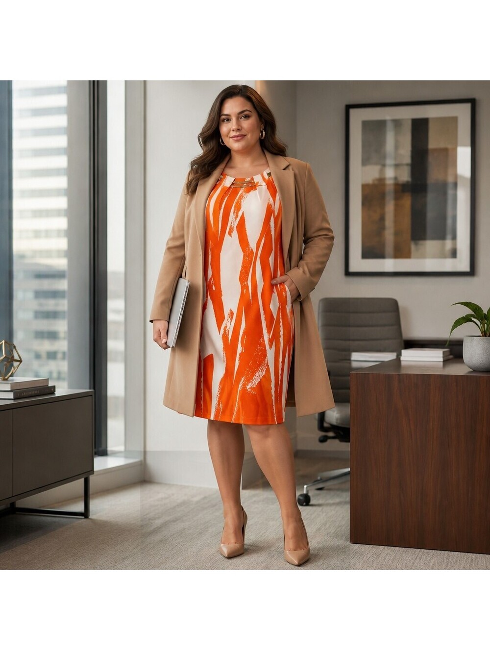 Sleeveless Orange White Abstract Print Sheath Dress Gold Metal Neckpiece 4049